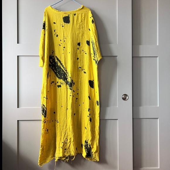 CALI DREAMING Yellow Gauze Dress Black Splatter Print Oversized Maxi Size XS/S - Picture 2 of 11
